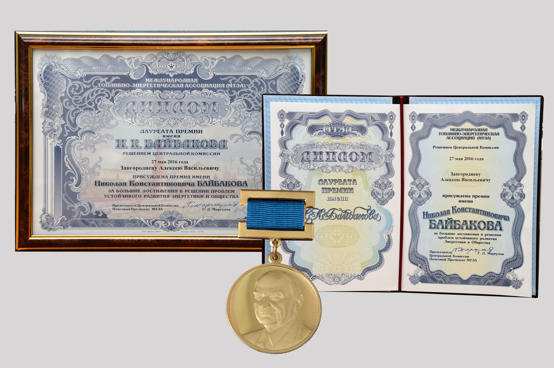 Диплом и нагрудный знак Алексея Завгороднева — лауреата общественной премии имени Н.К. Байбакова 2016 года