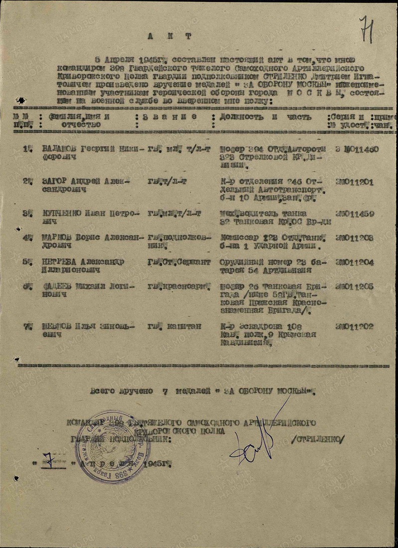 Акт из наградного листа к медали "За оборону Москвы", 7 апреля 1945 года