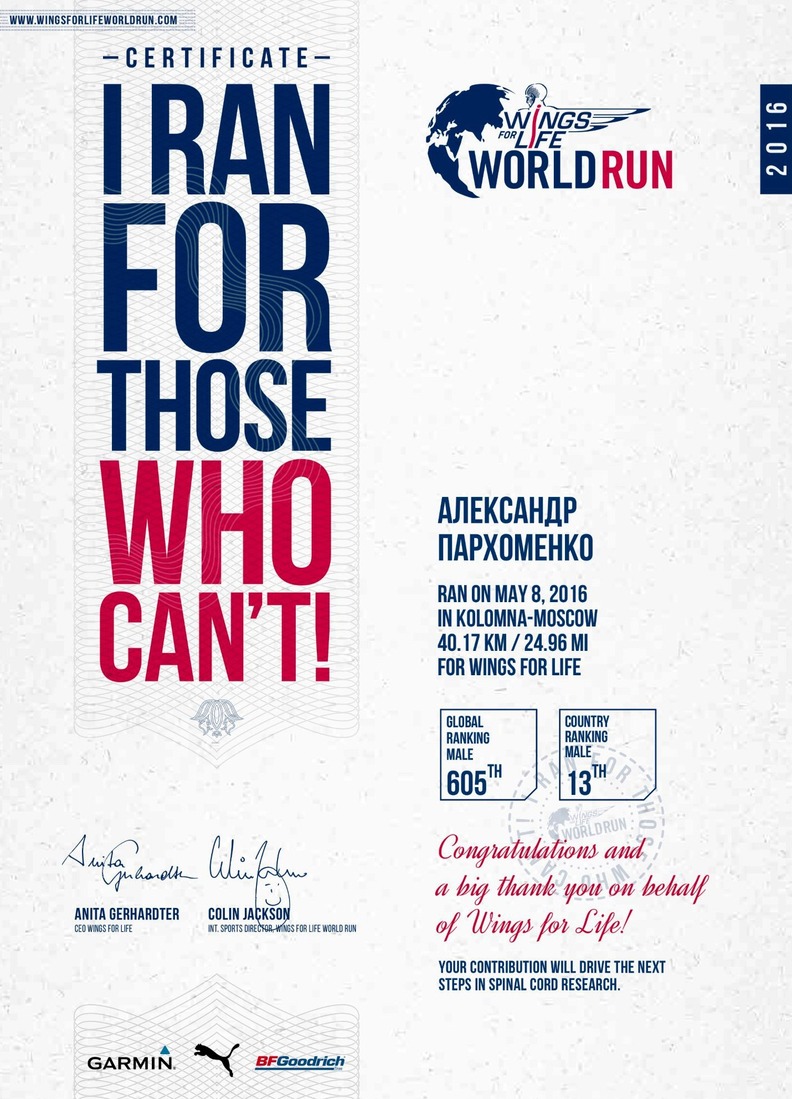 Диплом участника благотворительного забега Wings for Life World Run