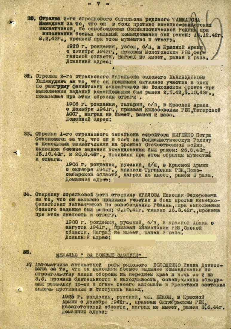 Страница из приказа о награждении Ивана Волощенко медалью "За боевые заслуги", 10 июня 1944 года