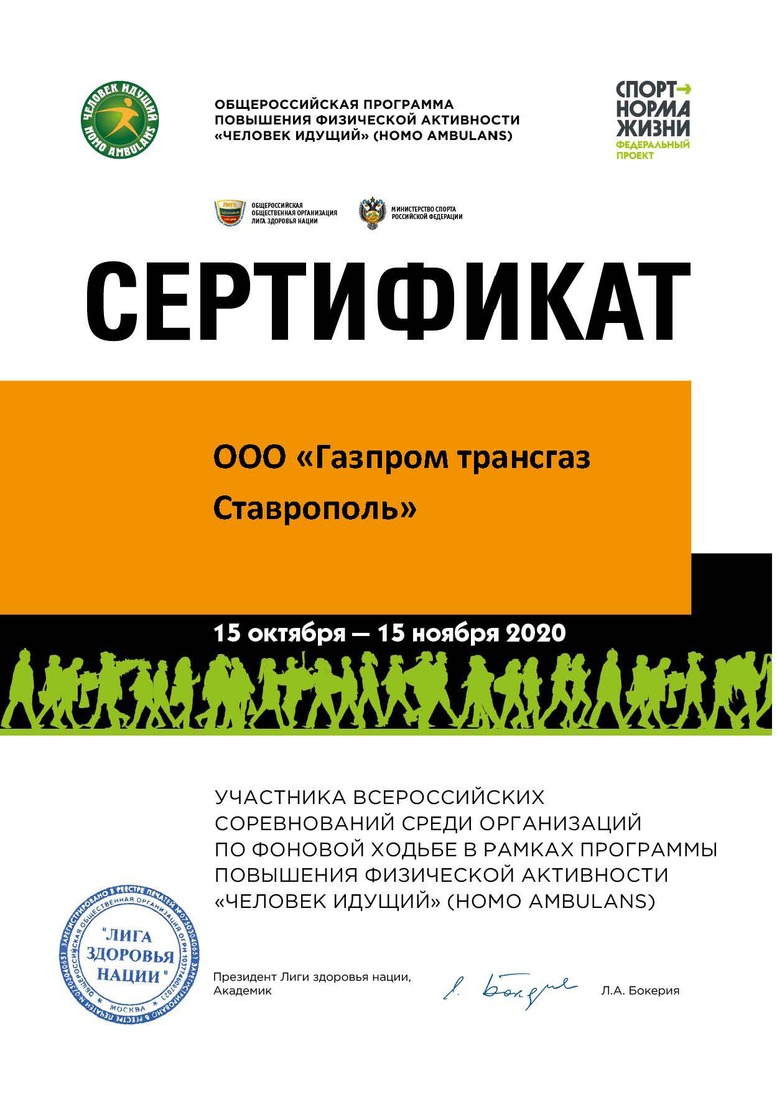 Сертификат участника Всероссийских соревнований среди организаций по фоновой ходьбе